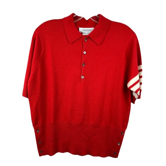 Sz 4 M Thom Browne Made In Scotland Cashmere Polo Shirt Pale Red Stripe Sleeve - Picture 1 of 6